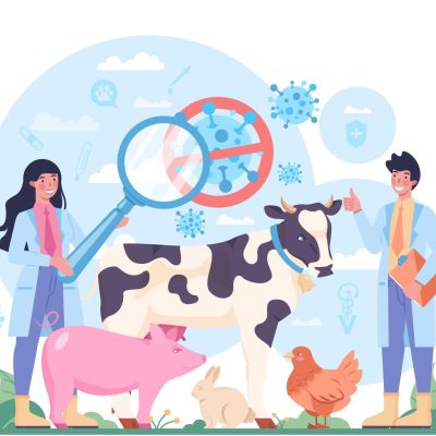 Pet veterinarian concept. Veterinary doctor checking and treating animal. Idea of pet care, animal medical vaccination, microchipping. Vector flat illustration
